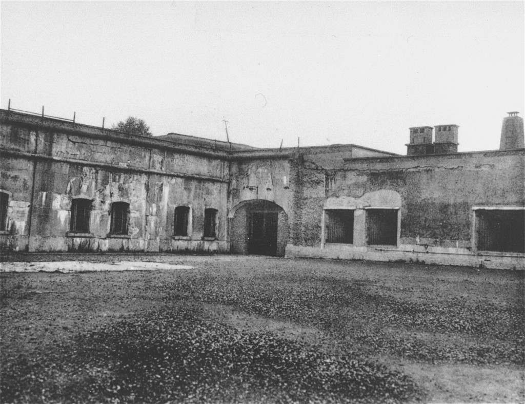 View of the courtyard in the Breendonk fortress prison where prisoners lined up for roll call. [LCID: 41207]