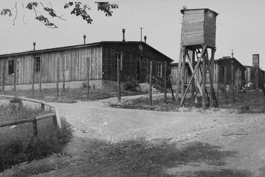A watchtower and barracks at the Ohrdruf subcamp of the Buchenwald concentration camp.