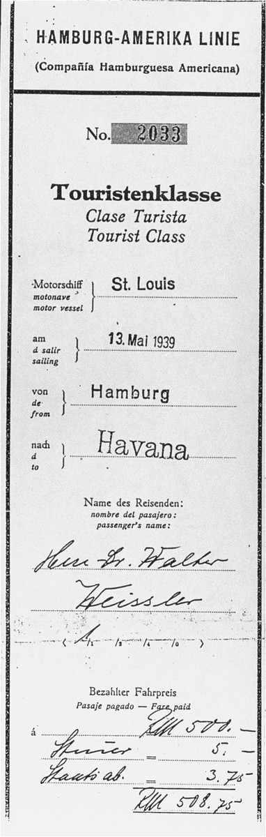Boarding pass for Dr. Walter Weissler for a voyage on the "St. [LCID: 88371]