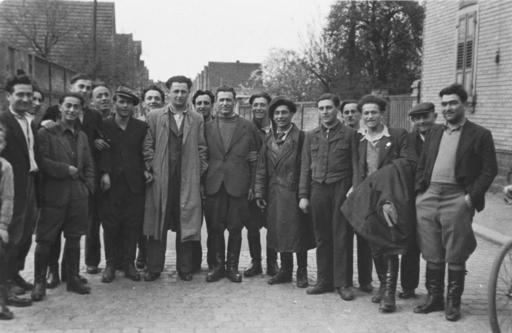 Young Jewish displaced persons (DPs) on a street in the Lampertheim DP camp, circa 1946–1948. 