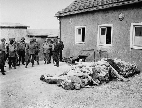 American troops, including African American soldiers from the Headquarters and Service Company of the 183rd Engineer Combat Battalion, 8th Corps, US 3rd Army, view corpses stacked behind the crematorium during an inspection tour of the Buchenwald concentration camp.