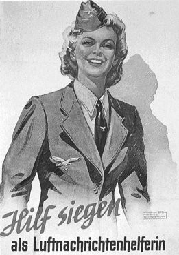 Affiche de recrutement nazie appelant les femmes allemandes à s’engager dans la défense aérienne. [LCID: poster40]