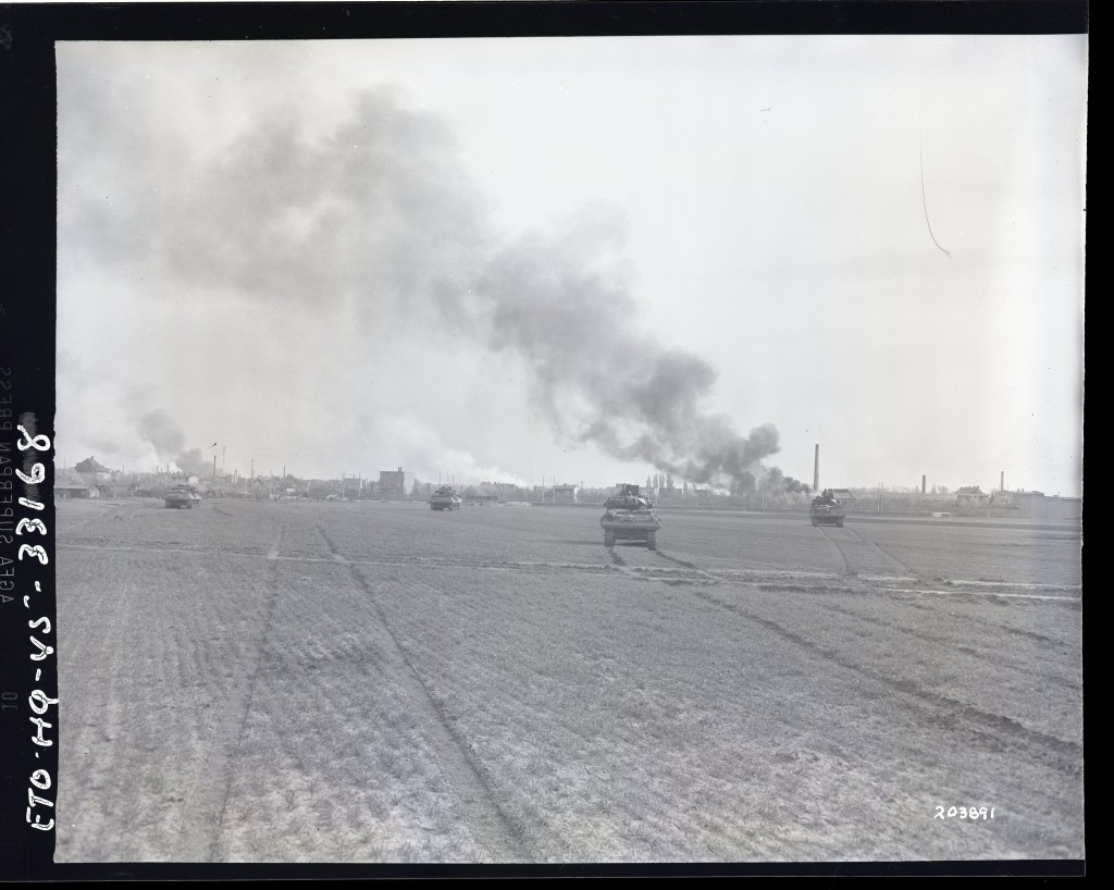US Army 30th Infantry Division tanks advancing in Germany, 1945