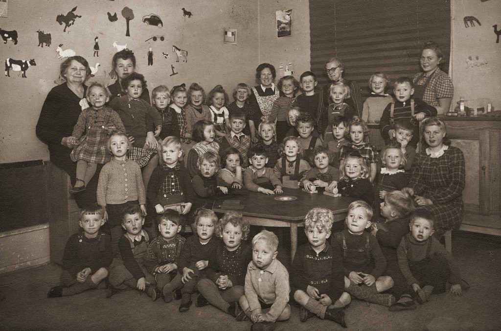 Portrait of a preschool class in Copenhagen. Gus Goldenburger (top row, second from left) was one of the few Jewish students in the ...