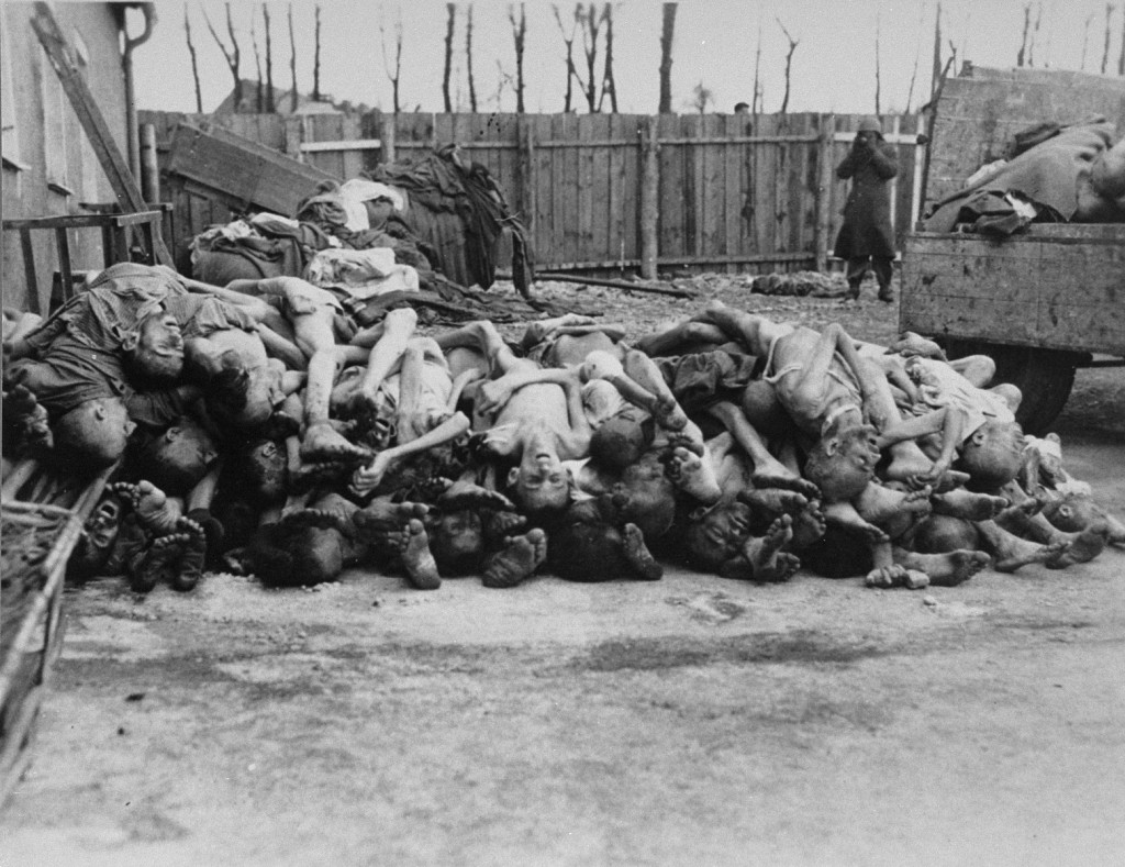 A large pile of emaciated corpses. Piles of clothes can be seen in the background. A soldier in black clothing stands in the back with their hands on their face. To the right is an open truck bed with additional bodies.