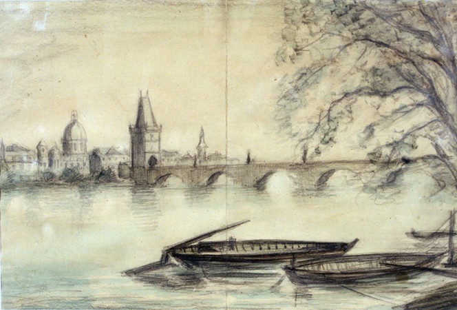 1943 painting of the Vltava River in Prague created from a photograph by Theresienstadt prisoner Bedrich Fritta. [LCID: 44154]