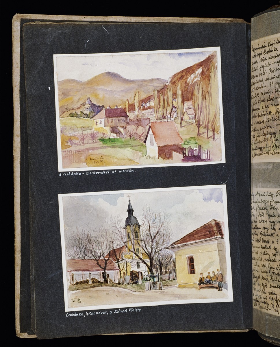 Black photo album page with two watercolor drawings. There are notes written in white pencil.