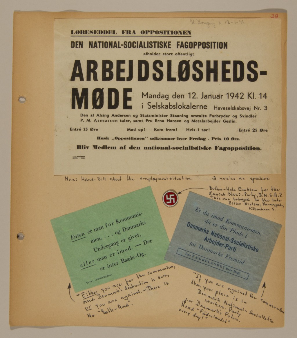 Scrapbook page with handwritten notes in black ink. The top of the page contains a large cream handbill. The bottom half has a small green handbill on the left and a small blue handbill on the right.