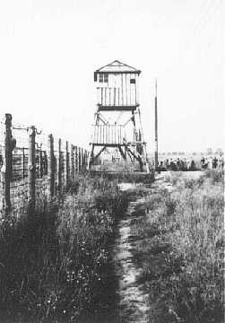 View of watchtower and fence at the Majdanek camp, post liberation.