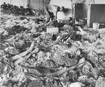 An American soldier tends to a former prisoner lying among corpses of victims at the Dora-Mittelbau concentration camp, near Nordhausen. [LCID: 77031]