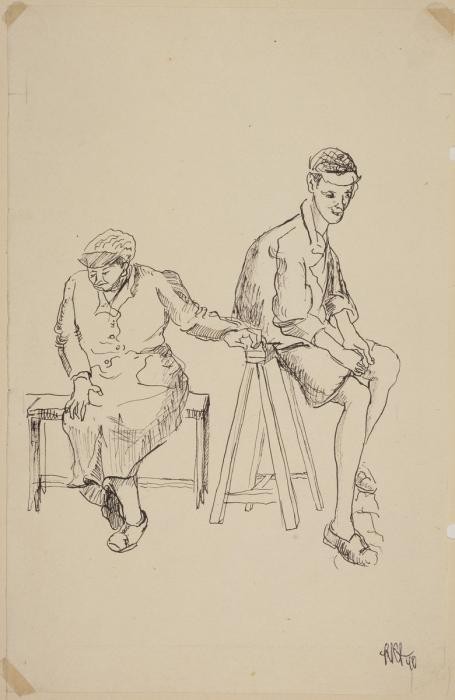 Drawing titled "L'Attente" [Mother and Son Waiting] by Lili Andrieux