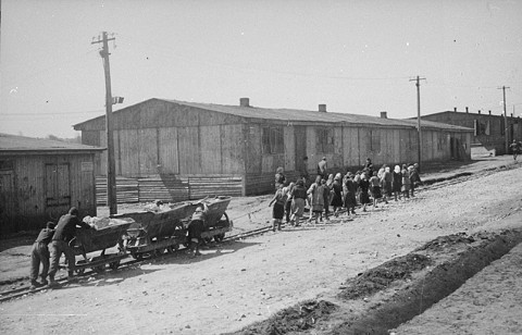 Jewish prisoners at forced labor in the Plaszow camp.