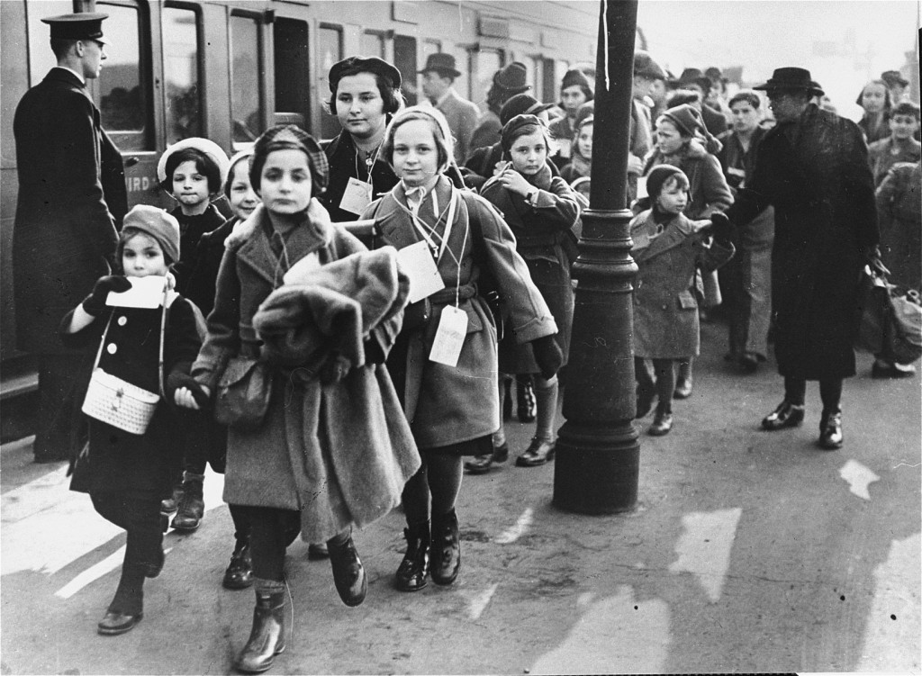 Austrian Jewish refugee children, members of one of the Children's Transports (Kindertransporte), arrive at a London train station.