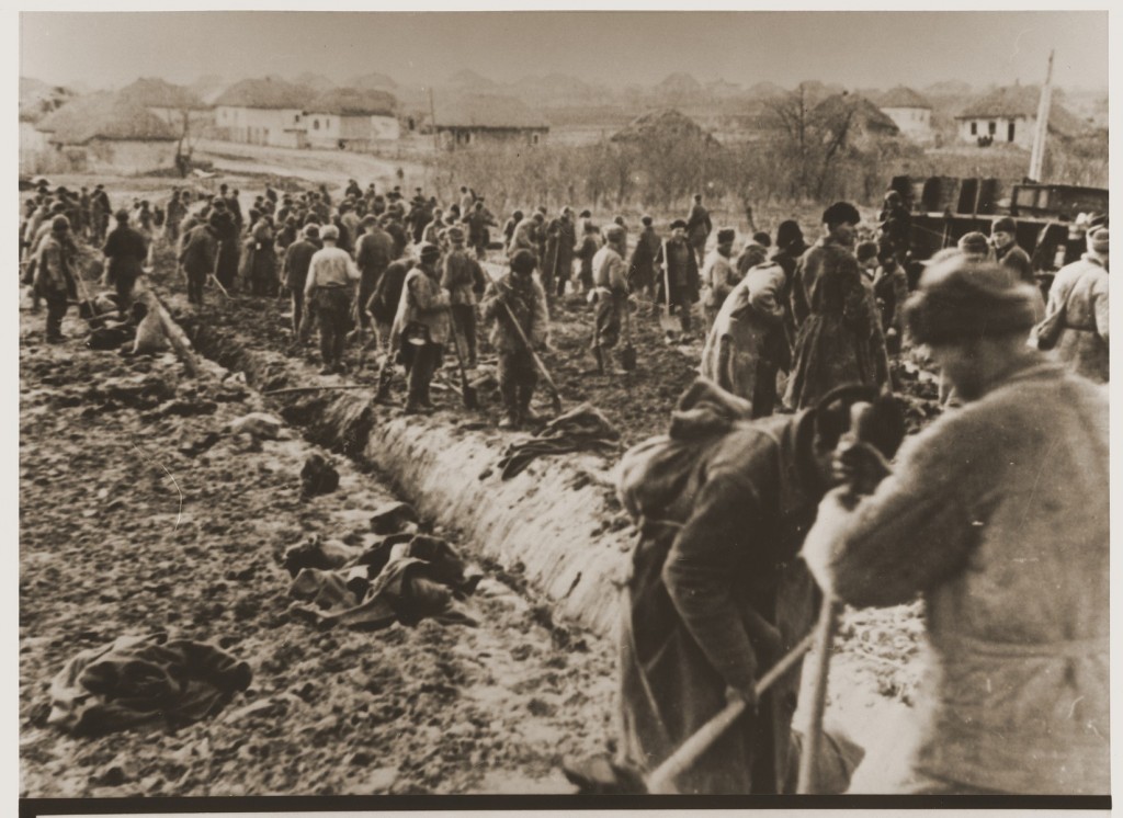 Soviet prisoners of war build a road. Probably in the Soviet Union, about 1943.