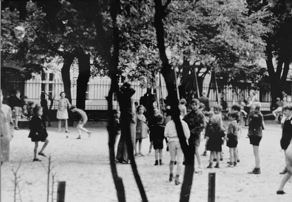 A scene staged by the Nazis for an International Red Cross inspection of the Theresienstadt ghetto.