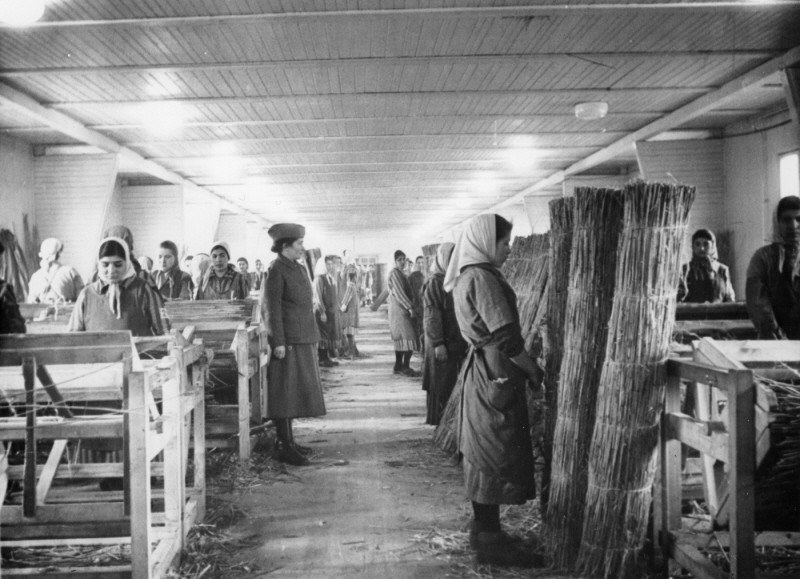 Romani (Gypsy) inmates stand at attention during an inspection of the weaving mill, site of forced labor in the Ravensbrück concentration camp.  In this workshop prisoners wove reed mats used to reinforce roads in swampy regions of the eastern front. Germany, between 1941 and 1944.
This photograph is from an SS propaganda album. 