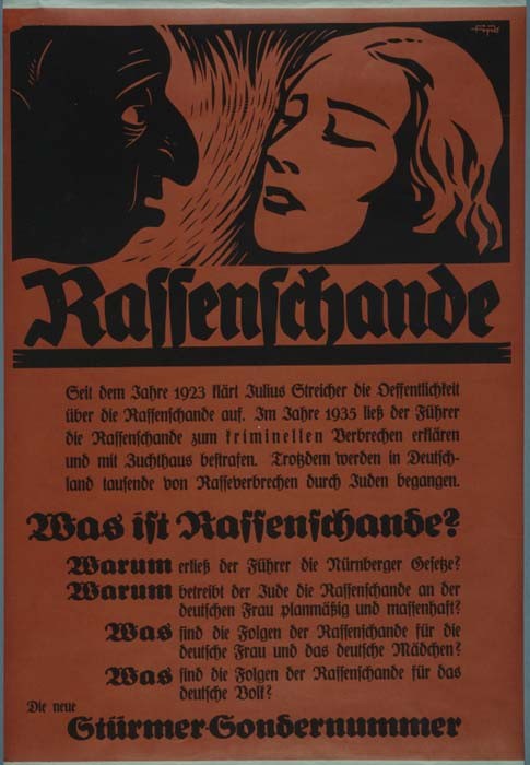 Affiche de propagande nazie promouvant le numéro spécial du journal « Der Stürmer » sur la « Rassenschande » (la honte du sang).