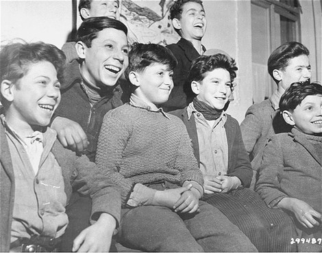 Jewish refugee orphans pose for a group photograph at Lindenfels displaced persons camp, administered by the United Nations Relief and Rehabilitation Administration.