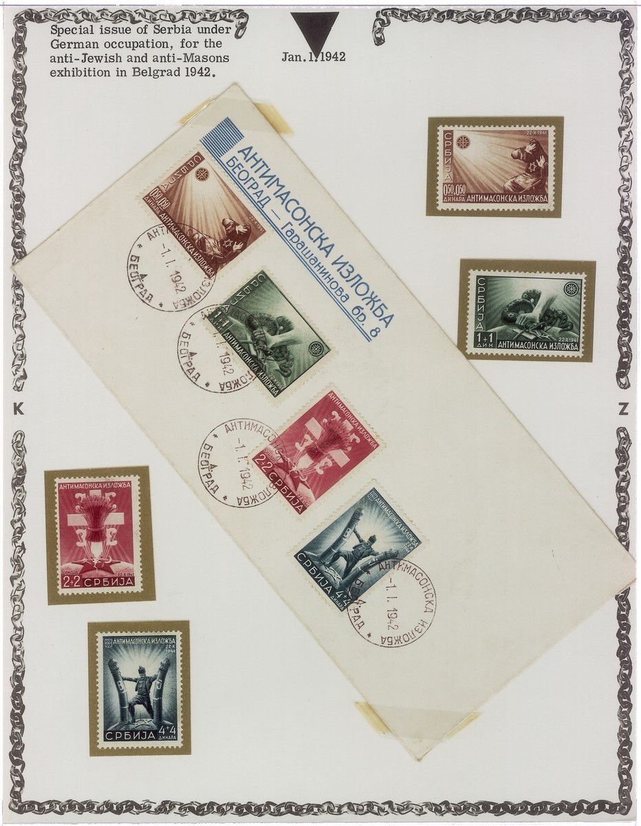 Page with stamps on it. There is another piece of paper taped to the center with additional stamps. The page has a black border and a block of English text that reads, ‘Special issue of Serbia under German occupation, for the anti-Jewish and anti-Masons exhibition in Belgrad 1942.’