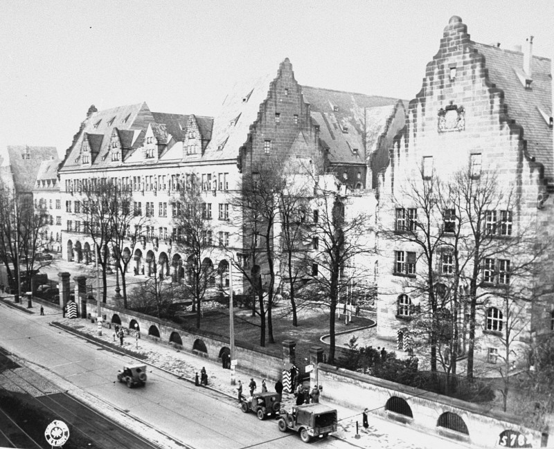 View of the Palace of Justice (left). Nuremberg, Germany, November 17, 1945.