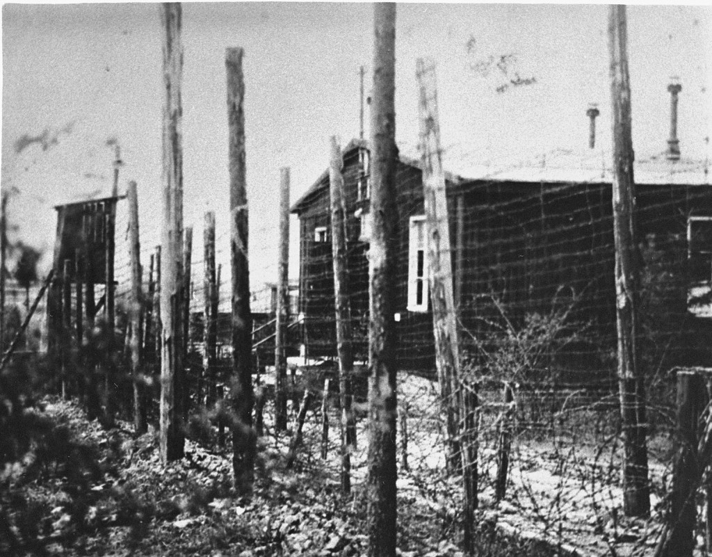 A view of the double row of barbed-wire fences that surrounded the Ohrdruf camp, a subcamp in the Buchenwald camp system. [LCID: 10278]