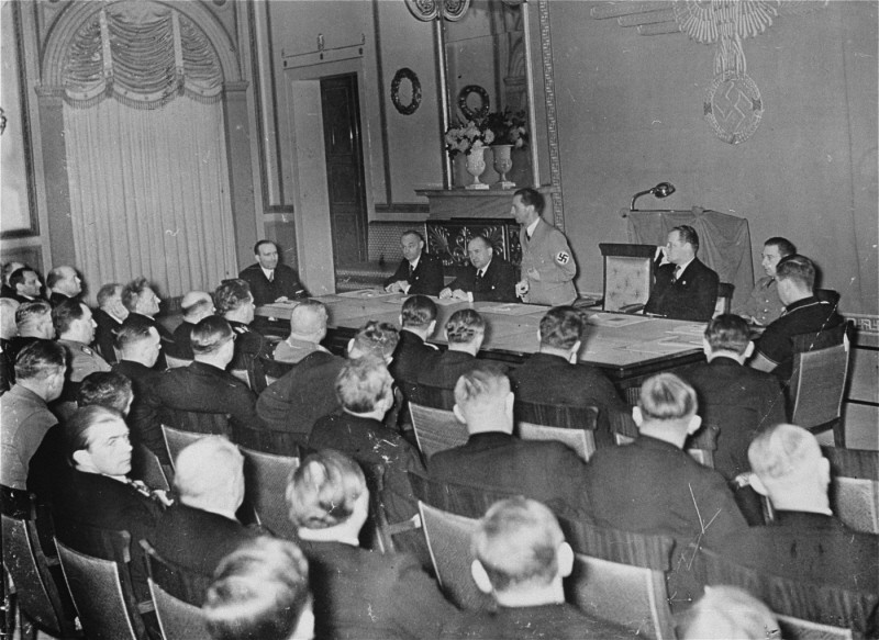 Nazi minister of propaganda Joseph Goebbels delivers a speech to his deputies for the press and arts.