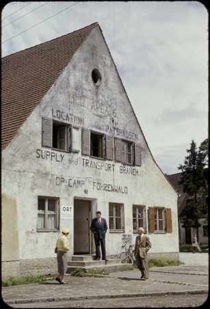 Exterior view of the ORT supply and transport building in the Foehrenwald displaced persons camp. [LCID: 45784]