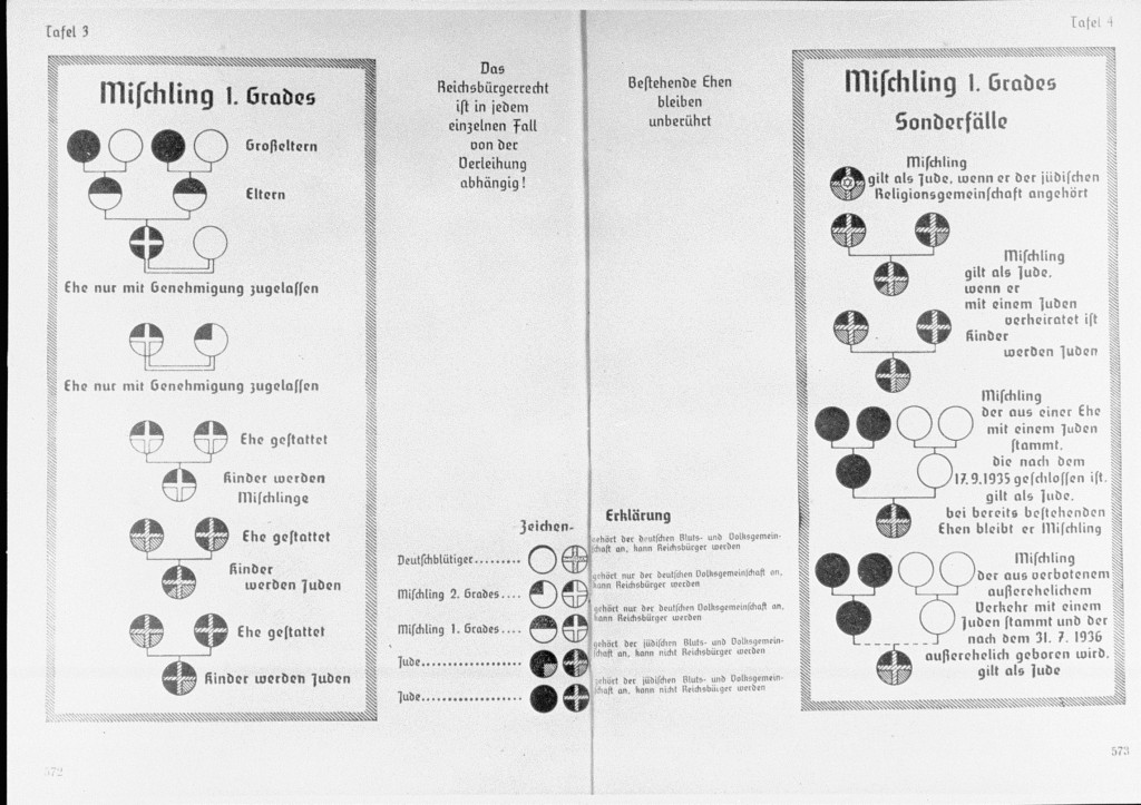 2 pages with 'Mischling 1 grades' or half-breed family trees in German. These charts are made of circles in various colors that would help determine someone’s racial membership according to the law.