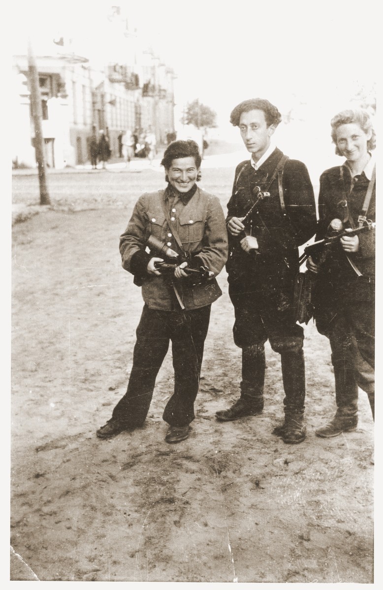 Jewish partisans Rozka Korczak (left), Abba Kovner, and Vitka Kempner in Vilna after the city was liberated.