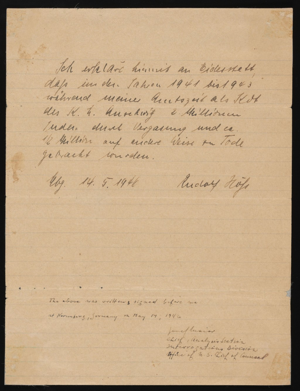 Copy of a handwritten letter in black in on lined paper. Pieces of tape are on each corner.