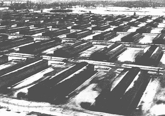Barracks in the Auschwitz-Birkenau camp. This photograph was taken after the liberation of the camp. [LCID: 04412]