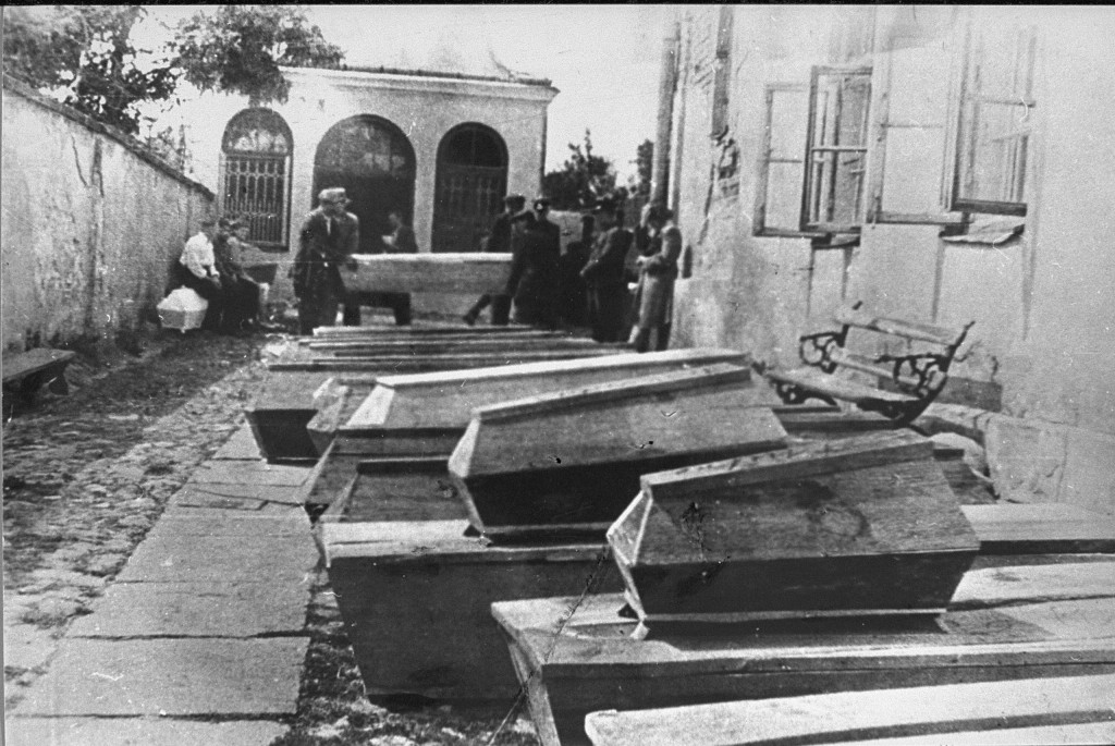 Coffins containing bodies of Jews killed in the Kielce pogrom.