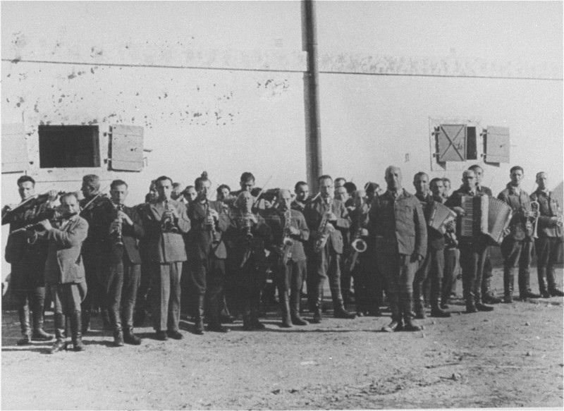 Prisoners in the Janowska camp orchestra, which performed as workers were taken to and from forced labor. Poland, between 1941 and 1943.