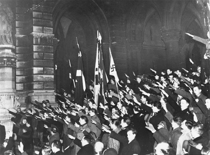 <p>Local Nazis occupy the City Hall in Vienna during the German annexation of Austria (the Anschluss). Vienna, Austria, March 12, 1938.</p>
