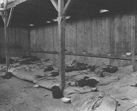 Interior view of prisoners' barracks at the Ohrdruf subcamp of the Buchenwald concentration camp. [LCID: 00645]