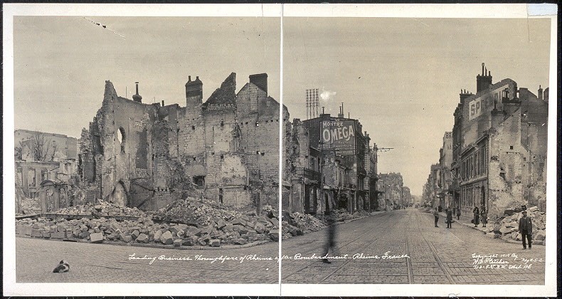 1919 photograph showing destruction in the leading business thoroughfare of Rheims after bombardment during World War I.