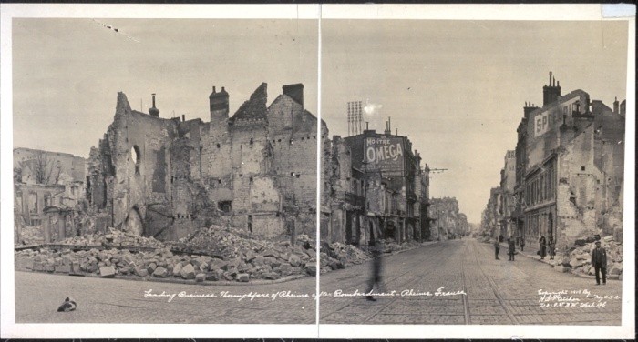 1919 photograph showing destruction in the leading business thoroughfare of Rheims after bombardment during World War I.