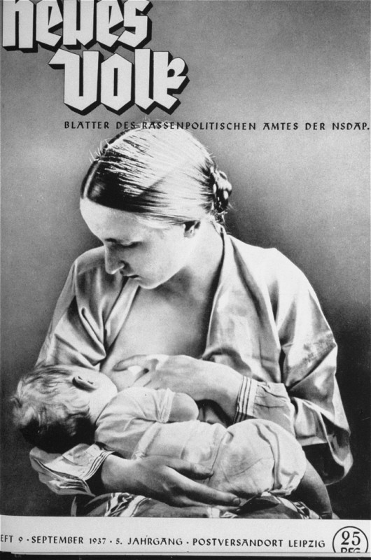 The cover of a Nazi publication on race, "Neues Volk" (New People), portrays motherhood with this ideal image of an "Aryan" mother ... [LCID: 74853]