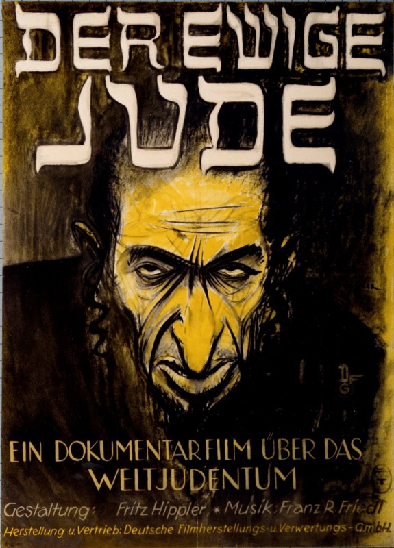 A dark sepia toned poster with a glaring antisemtic depiction of a Jewish man in the center. German text is on the top and bottom of the poster.