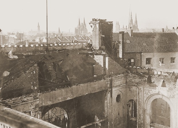 View of the old synagogue in Aachen after its destruction on Kristallnacht. [LCID: 29820]