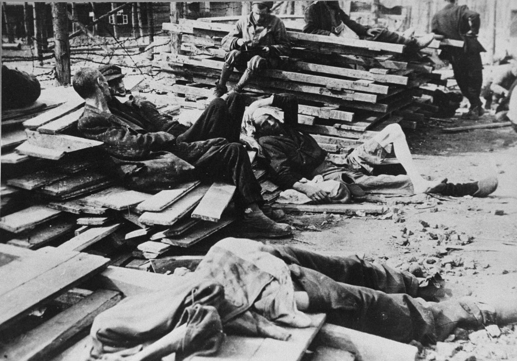 Survivors in Buchenwald just after liberation. Troops of the US 6th Armored Division entered Buchenwald on April 11, and troops of the 80th Infantry arrived on April 12. Buchenwald, Germany, photograph taken ca. April 11, 1945.