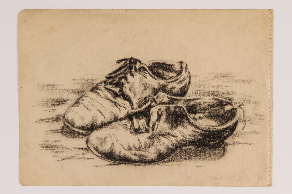 Pencil drawing of a pair of worn leather shoes on cream paper.