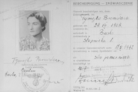 Document issued by the Regional Agricultural Mercantile Cooperative in Busko-Zdroj certifying that Bronislawa Tymejko (the false identity of Sophie's mother, Laura Schwarzwald) was employed by the cooperative, dated November 1942.