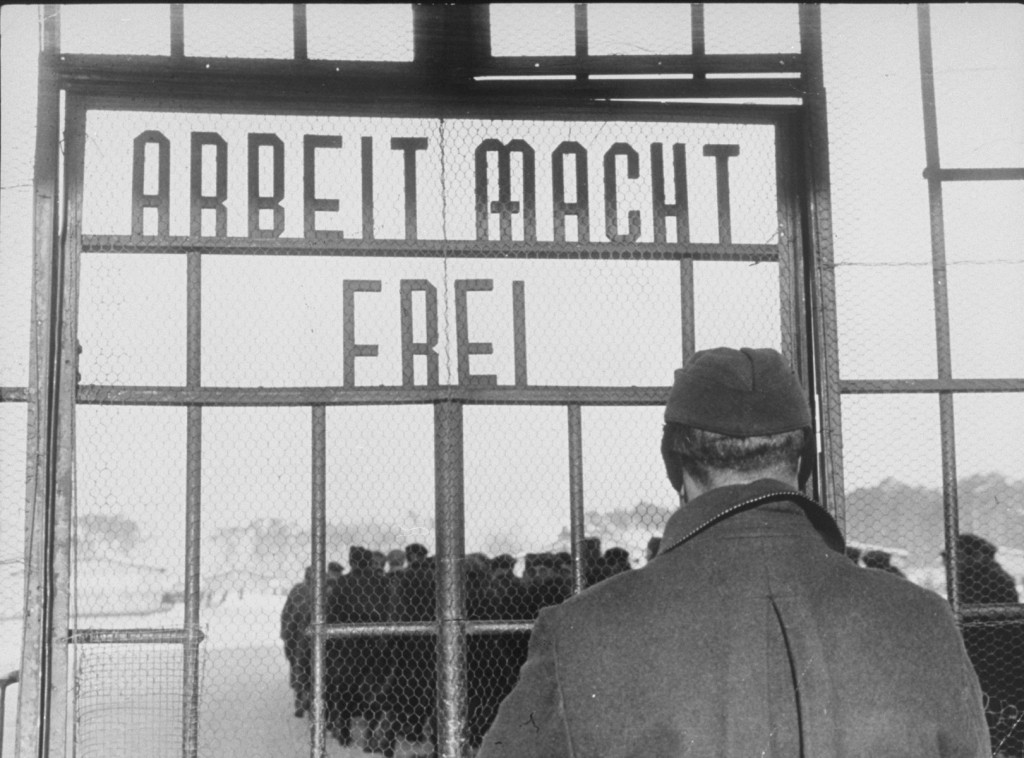 "Work makes one free," a sign on the gate at Sachsenhausen concentration camp. [LCID: 19226a]