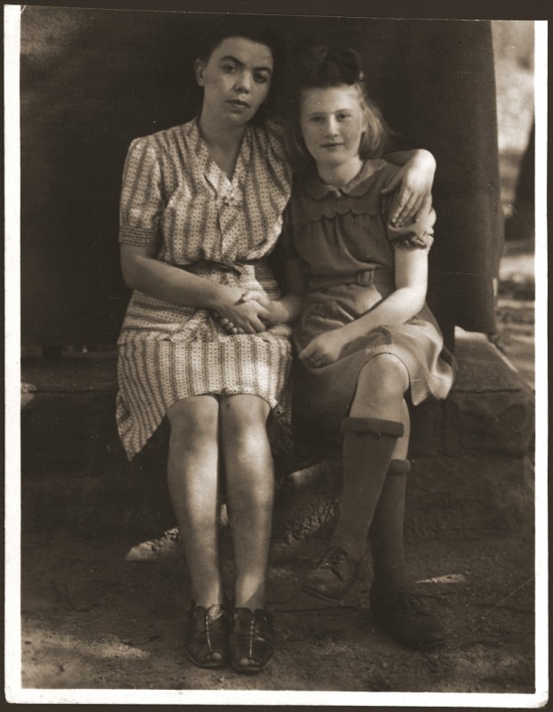 Lena Getter with a friend at the Bensheim displaced persons' camp in Germany. Bensheim, Germany, 1947.