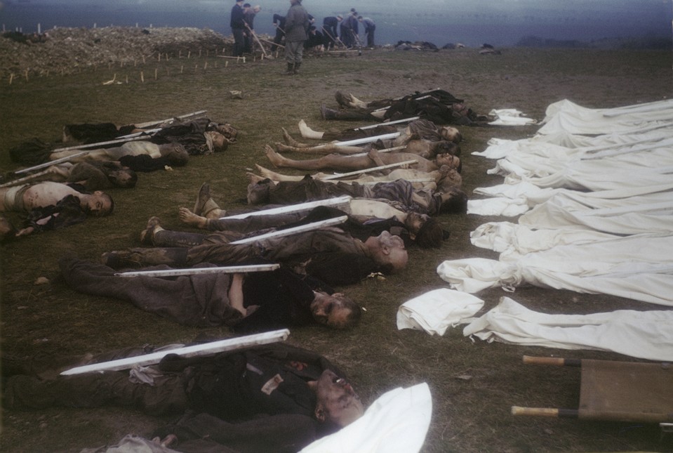 The bodies of former prisoners are laid out in rows in preparation for burial in the Ohrdruf concentration camp.