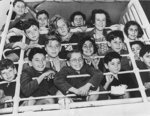 <p>A group of Jewish refugee children on board a Portuguese ship. The US Committee for the Care of European Children and the Hebrew Immigrant Aid Society arranged for the children to reach the United States. New York, United States, September 24, 1941.</p>
