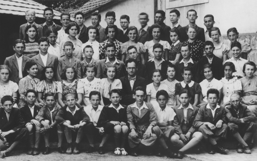 Group portrait of students and teachers at the Hebrew gymnasium in Munkacs.