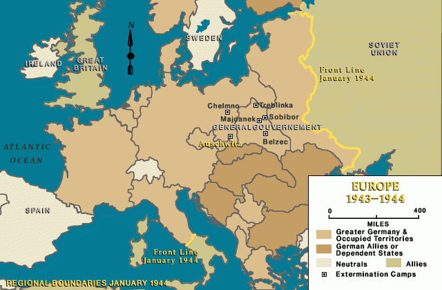 Europe 1943-1944, Auschwitz indicated