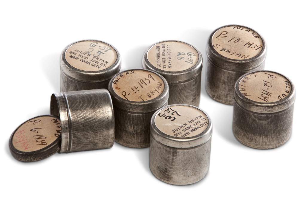 <p><a href="/narrative/11384">Julien Bryan</a> stored his still photo negatives from <a href="/narrative/2529">Nazi Germany</a> 1937 and Poland 1939 in these carefully marked metal canisters.</p>